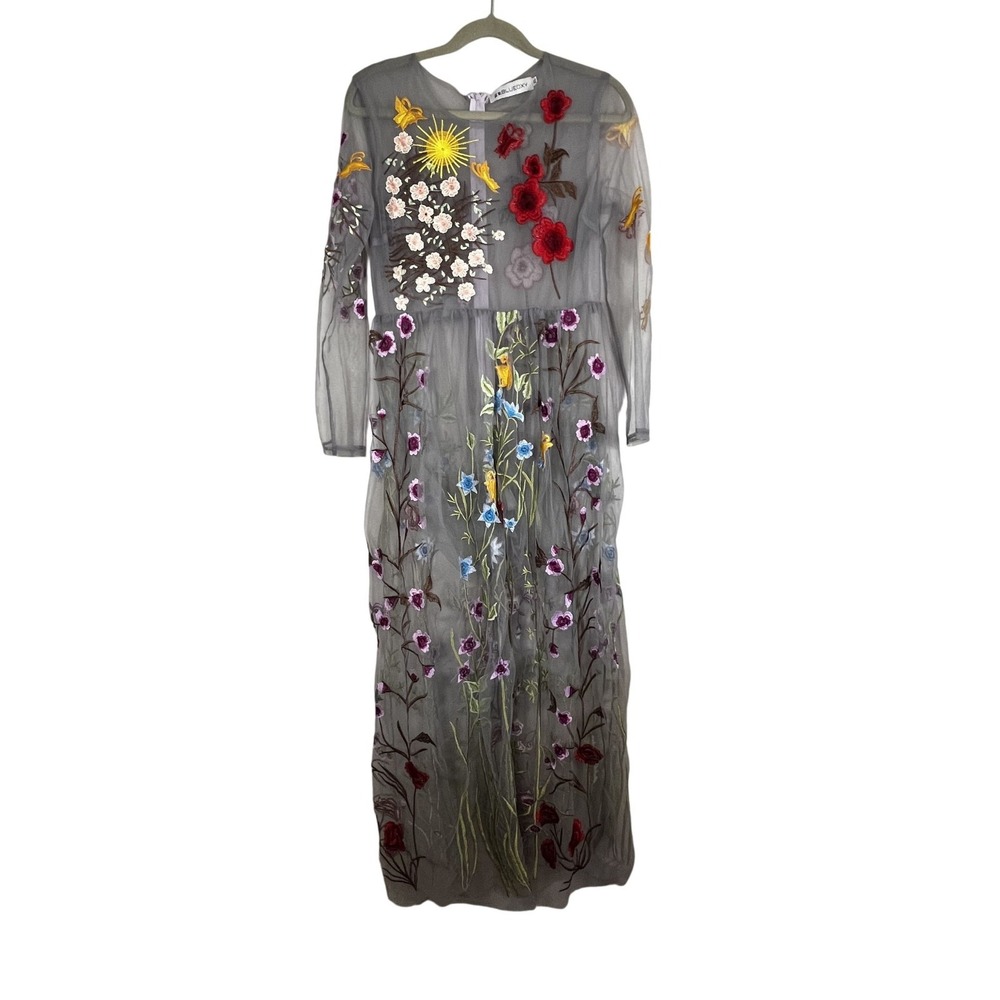 Retro Floral Mesh Maxi Dress Gray XL Whimsical Romantic Fairy Sheer Colorful Art